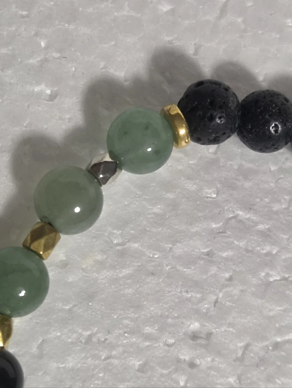 Handcrafted Green & Black Beaded Stretch Bracelet with Gold Accents